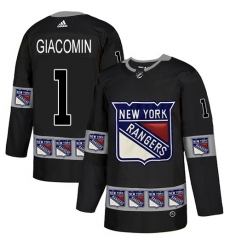 Men's Adidas New York Rangers #1 Eddie Giacomin Authentic Black Team Logo Fashion NHL Jersey