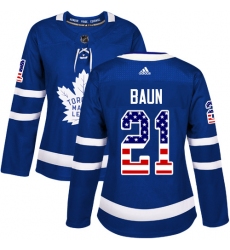 Women's Adidas Toronto Maple Leafs #21 Bobby Baun Authentic Royal Blue USA Flag Fashion NHL Jersey