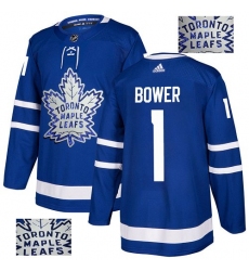 Men's Adidas Toronto Maple Leafs #1 Johnny Bower Authentic Royal Blue Fashion Gold NHL Jersey