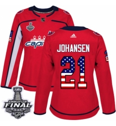 Women's Adidas Washington Capitals #21 Lucas Johansen Authentic Red USA Flag Fashion 2018 Stanley Cup Final NHL Jersey
