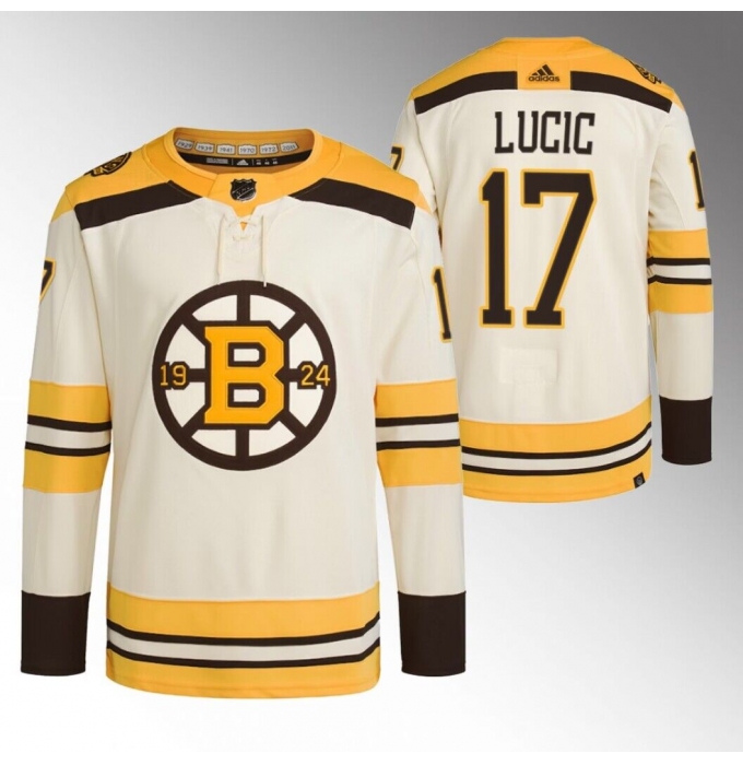 Men's Boston Bruins #17 Milan Lucic Cream 100th Anniversary StitchedStitched Jersey