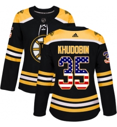 Women's Adidas Boston Bruins #35 Anton Khudobin Authentic Black USA Flag Fashion NHL Jersey
