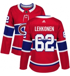 Women's Adidas Montreal Canadiens #62 Artturi Lehkonen Authentic Red Home NHL Jersey