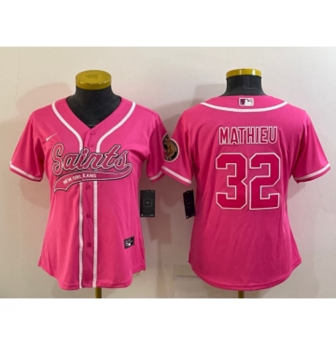 Women's New Orleans Saints #32 Tyrann Mathieu Pink With Patch Cool Base Stitched Baseball Jersey