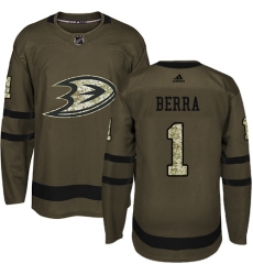 Men's Adidas Anaheim Ducks #1 Reto Berra Premier Green Salute to Service NHL Jersey