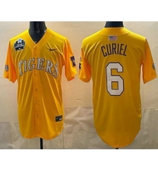 Men's LSU Tigers #6 Derek Curiel Gold 2025 World Series SEC Stitched Baseball Jersey