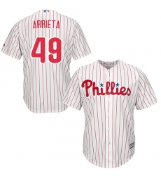 Youth Majestic Philadelphia Phillies #49 Jake Arrieta Replica White/Red Strip Home Cool Base MLB Jersey