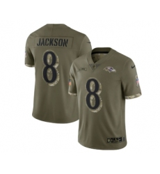 Men's Baltimore Ravens #8 Lamar Jackson 2022 Olive Salute To Service Limited Stitched Jersey Men's Baltimore Ravens #8 Lamar Jackson 2022 Olive Salute To Service Limited Stitched Jersey