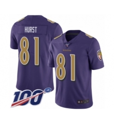 Men's Baltimore Ravens #81 Hayden Hurst Limited Purple Rush Vapor Untouchable 100th Season Football Jersey
