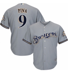 Youth Majestic Milwaukee Brewers #9 Manny Pina Replica Grey Road Cool Base MLB Jersey