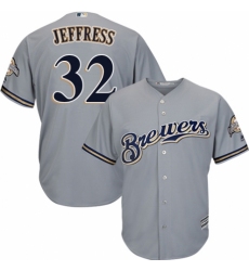 Men's Majestic Milwaukee Brewers #32 Jeremy Jeffress Replica Grey Road Cool Base MLB Jersey