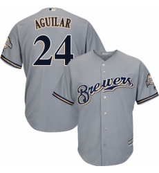 Men's Majestic Milwaukee Brewers #24 Jesus Aguilar Replica Grey Road Cool Base MLB Jersey
