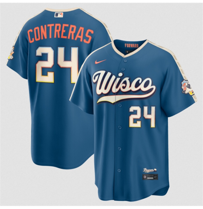 Men's Milwaukee Brewers #24 William Contreras Mineral Blue 2026 City Connect Stadium Stitched Stitched Baseball Jersey
