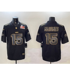 Men's Kansas City Chiefs #15 Patrick Mahomes Black Gold 2025 Super Bowl LIX Vapor Limited Stitched Football Jersey
