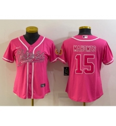 Women's Kansas City Chiefs #15 Patrick Mahomes Pink With Patch Cool Base Stitched Baseball Jersey