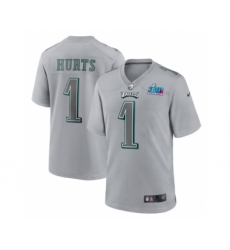 Men's Philadelphia Eagles #1 Jalen Hurts Gray Super Bowl LVII Patch Atmosphere Fashion Stitched Game Jersey