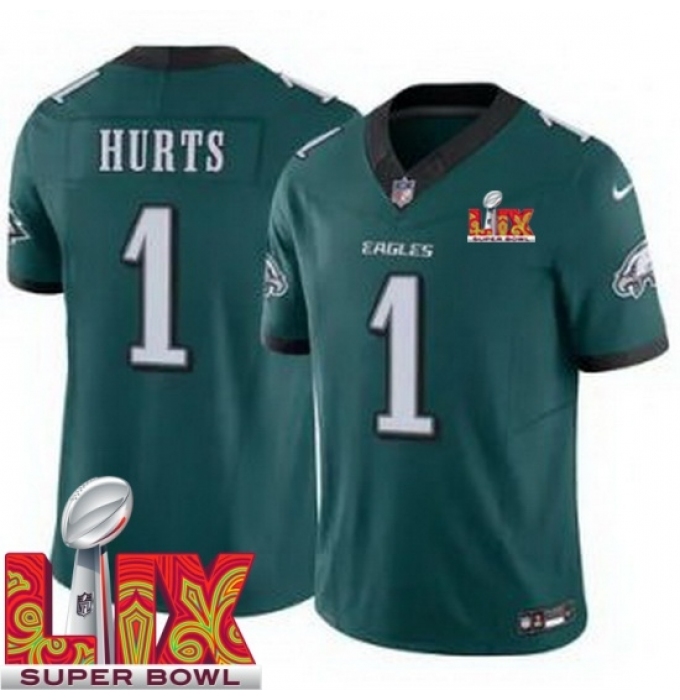 Men's Philadelphia Eagles Jalen Hurts #1 Green 2024 2025 Super Bowl LIX F U S E Stitched NFL Jersey