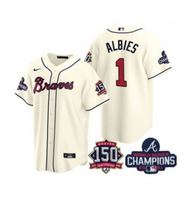 Men's Atlanta Braves #1 Ozzie Albies 2021 Cream World Series Champions With 150th Anniversary Patch Cool Base Stitched Jersey