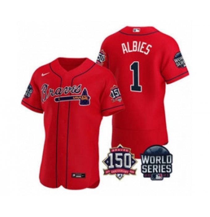 Men's Atlanta Braves #1 Ozzie Albies 2021 Red World Series Flex Base With 150th Anniversary Patch Baseball Jersey