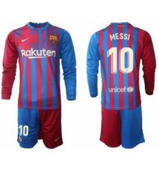 Men 2021-2022 Club Barcelona home red blue Long Sleeve 10 Nike Soccer Jerseys