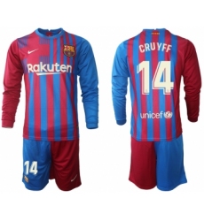 Men 2021-2022 Club Barcelona home red blue Long Sleeve 14 Nike Soccer Jersey