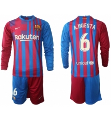 Men 2021-2022 Club Barcelona home red blue Long Sleeve 6 Nike Soccer Jersey