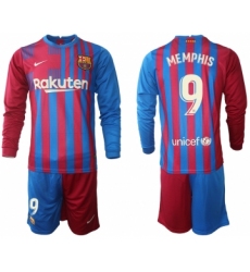 Men 2021-2022 Club Barcelona home red blue Long Sleeve 9 Nike Soccer Jerseys