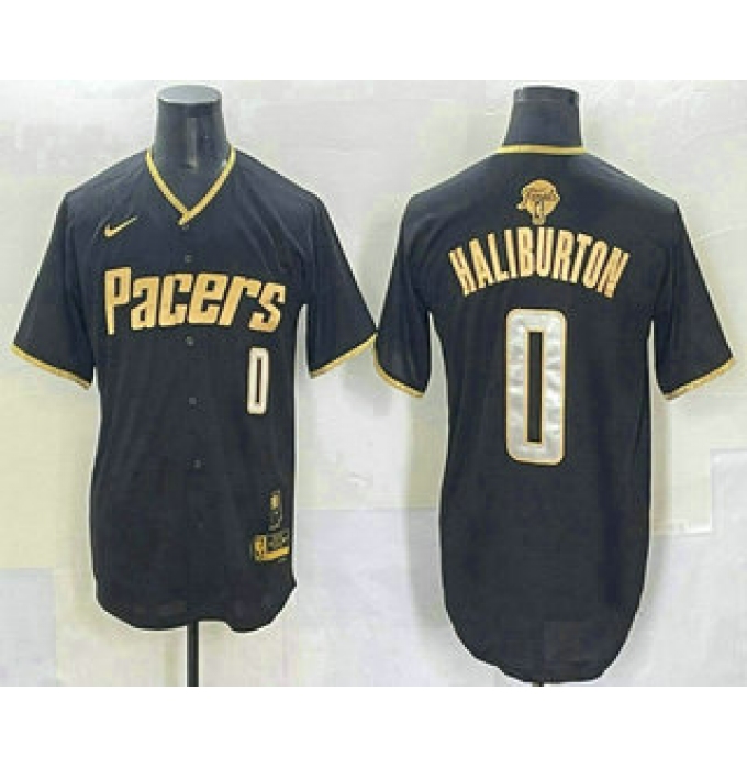 Men's Indiana Pacers #0 Tyrese Haliburton Black Gold 2025 Finals Vapor Stitched Baseball Jersey
