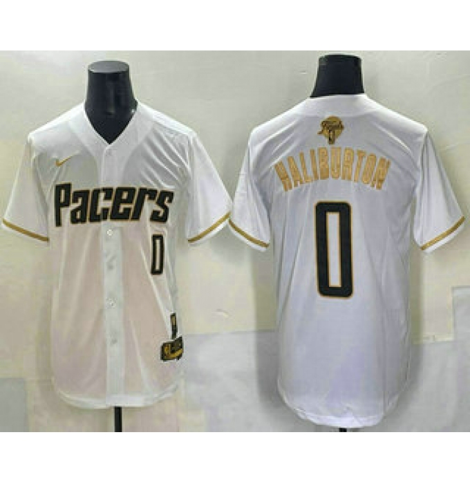 Men's Indiana Pacers #0 Tyrese Haliburton White Gold 2025 Finals Vapor Stitched Baseball Jersey