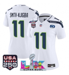 Women's Seattle Seahawks #11 Jaxon Smith-Njigba White 2025 F.U.S.E. Super Bowl LX And 50th Season & USA 250 Vapor Limited Football Stitched Jersey
