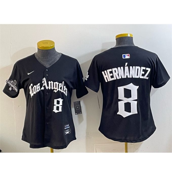 Women's Los Angeles Dodgers #8 Enrique Hernández Black 2025 World Series Champions LA Gothic Edition Limited Stitched Baseball Jersey(Run Small)