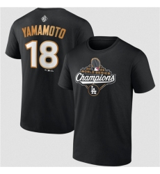Men's Los Angeles Dodgers #18 Yoshinobu Yamamoto Black 2025 World Series Champions Name & Number T-Shirt