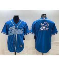 Men's Detroit Lions Blue Team Big Logo With Patch Cool Base Stitched Baseball Jersey