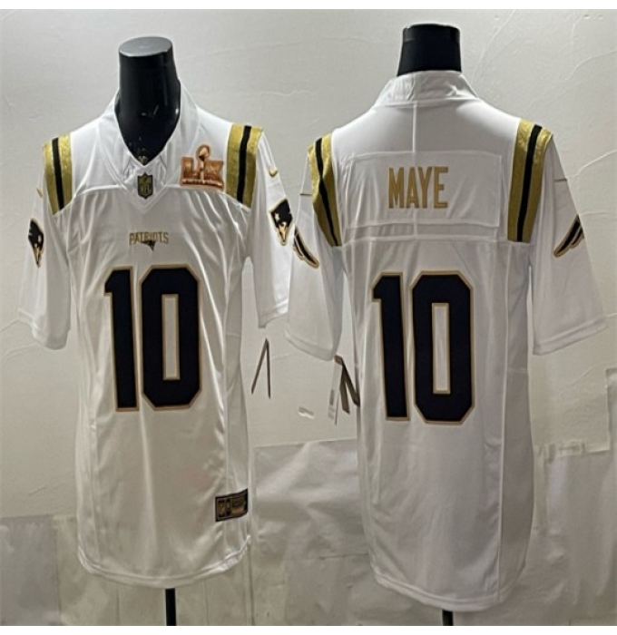Men's New England Patriots #10 Drake Maye White Gold 2025 F.U.S.E. Super Bowl LX Vapor Limited Stitched Football Jersey