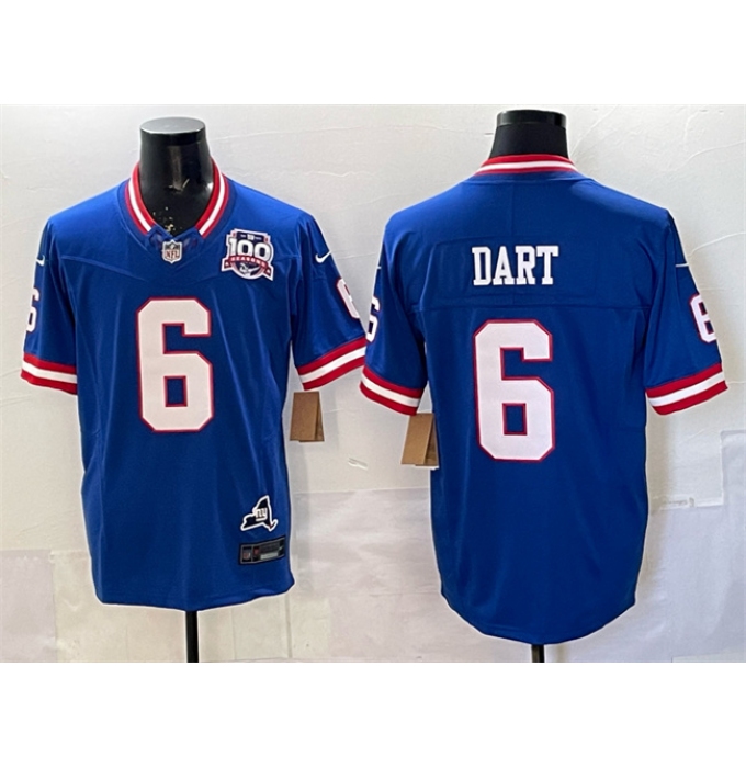 Men's New York Giants #6 Jaxson Dart Royal 2025 Draft F.U.S.E. 100th Season & State Vapor Limited Football Stitched Jersey