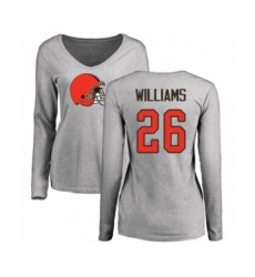 Football Women's Cleveland Browns #26 Greedy Williams Ash Name & Number Logo Long Sleeve T-Shirt