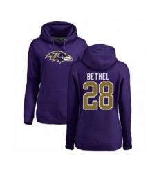 Football Women's Baltimore Ravens #28 Justin Bethel Purple Name & Number Logo Pullover Hoodie