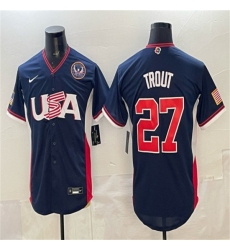 Men's USA Baseball #27 Mike Trout Navy 2026 World Baseball Classic United States 250th Anniversary Road Stadium Stitched Jersey
