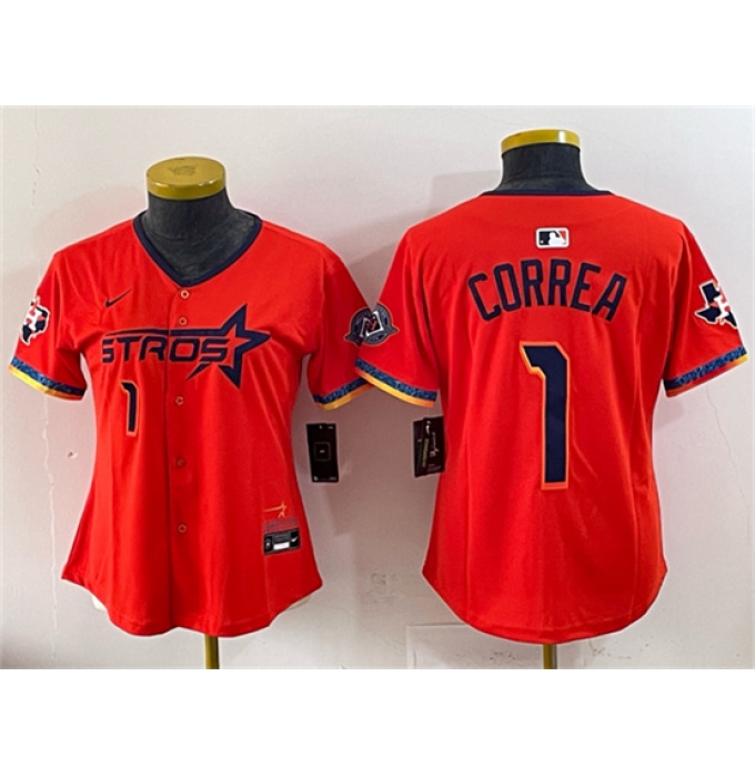 Women's Houston Astros #1 Carlos Correa Orange 2025 City Connect With Texas Patch Limited Stitched Baseball Jersey(Run Small)