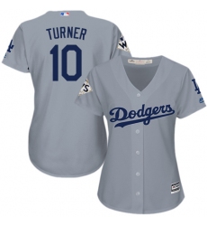 Women's Majestic Los Angeles Dodgers #10 Justin Turner Authentic Grey Road 2017 World Series Bound Cool Base MLB Jersey