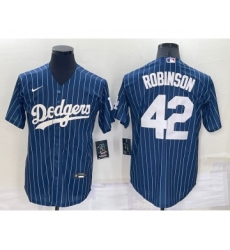 Men's Los Angeles Dodgers #42 Jackie Robinson Navy Blue Pinstripe Stitched MLB Cool Base Nike Jersey