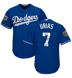Men's Majestic Los Angeles Dodgers #7 Julio Urias Authentic Royal Blue Team Logo Fashion Cool Base 2018 World Series MLB Jersey