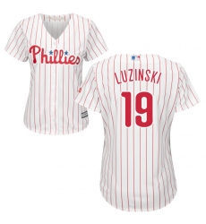 Women's Majestic Philadelphia Phillies #19 Greg Luzinski Replica White/Red Strip Home Cool Base MLB Jersey