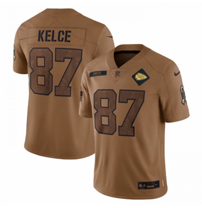Men's Kansas City Chiefs #87 Travis Kelce Nike Brown 2023 Salute To Service Limited Jersey